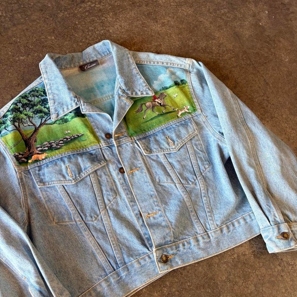 Christine Vintage 90s Equestrian Denim Jacket Blue Hand Painted Horse Scene L - Picture 2 of 6